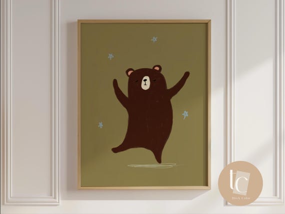 Brown Bear Dancing Art Nursery Print Whimsical Wall Cute Animal Play Kids Room Decor Modern Minimalist Illustration