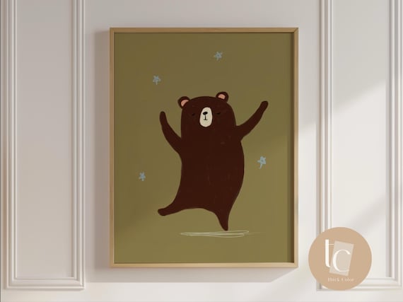 Little Dancing Bear Under Blue Stars Olive Green Nursery Poster