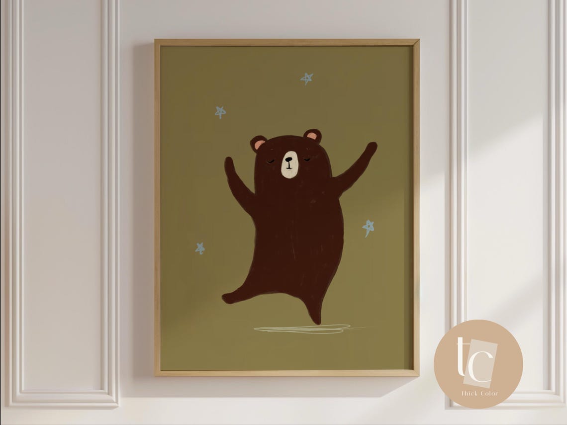 Brown Bear Dancing Art Nursery Print Whimsical Wall Cute Animal Play Kids Room Decor Modern Minimalist Illustration