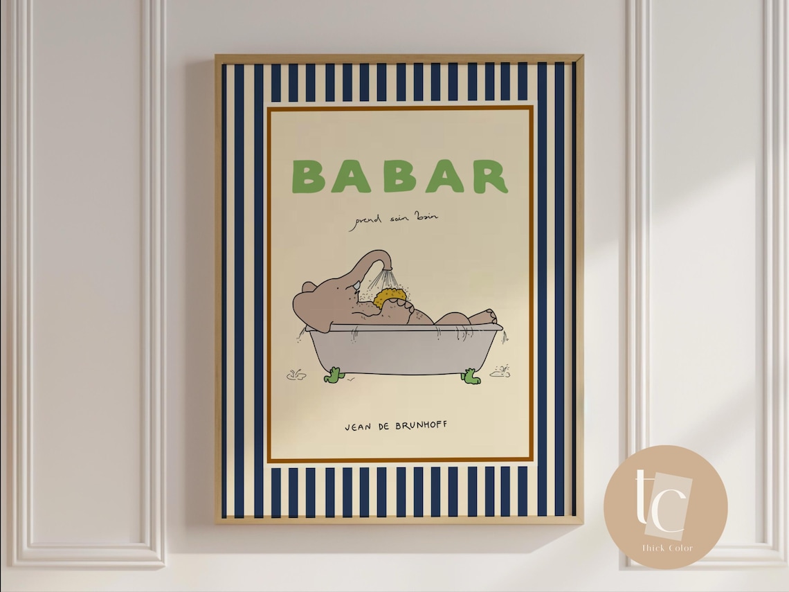 Babar The Elephant Prend Le Bain Retro Nursery Art Print