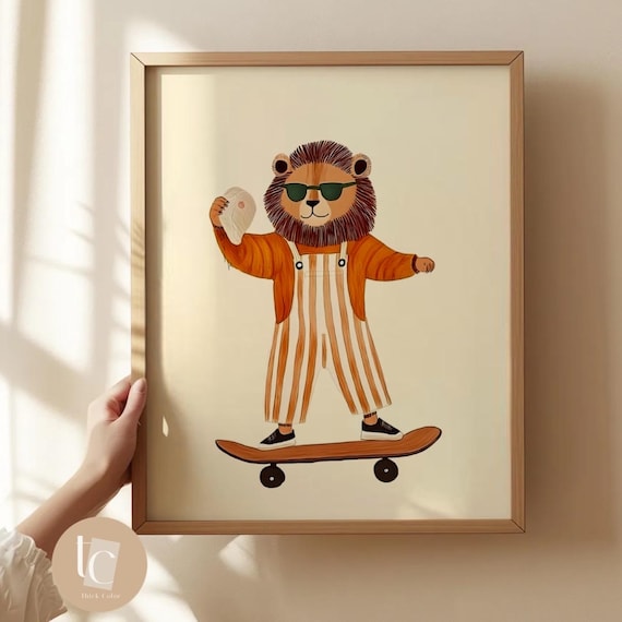 Lion Skateboarding Retro Bear Nursery Wall Art Playful Childrens Decor Whimsical Animal Print Kids
