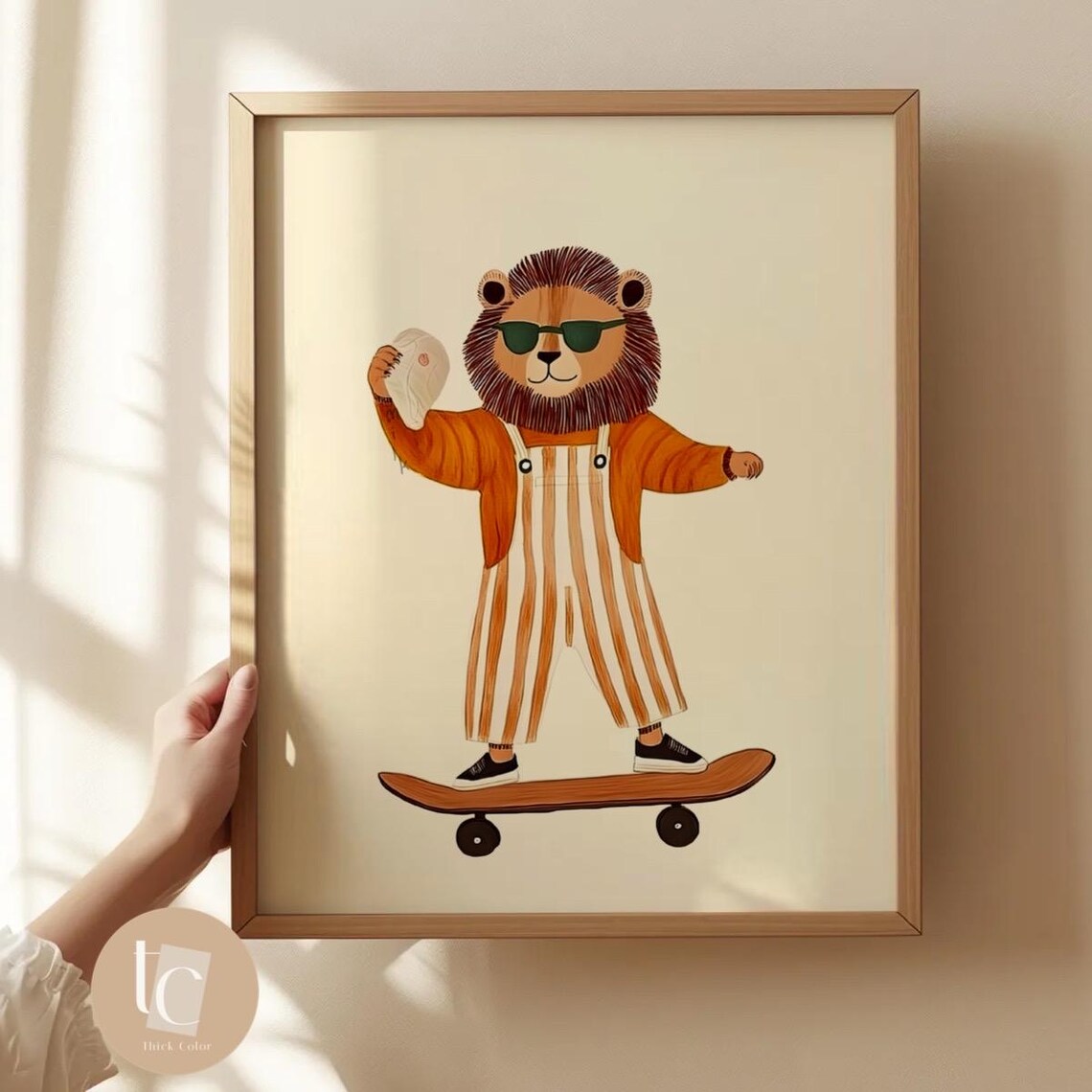 Skateboarding Lion In Sunglasses Overalls Nursery Wall Poster