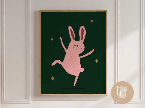Cute Bunny Rabbit Dancing In The Stars Kids Nursery Wall Art Print Fun Genre Neutral Baby Illustration Whimsical Star
