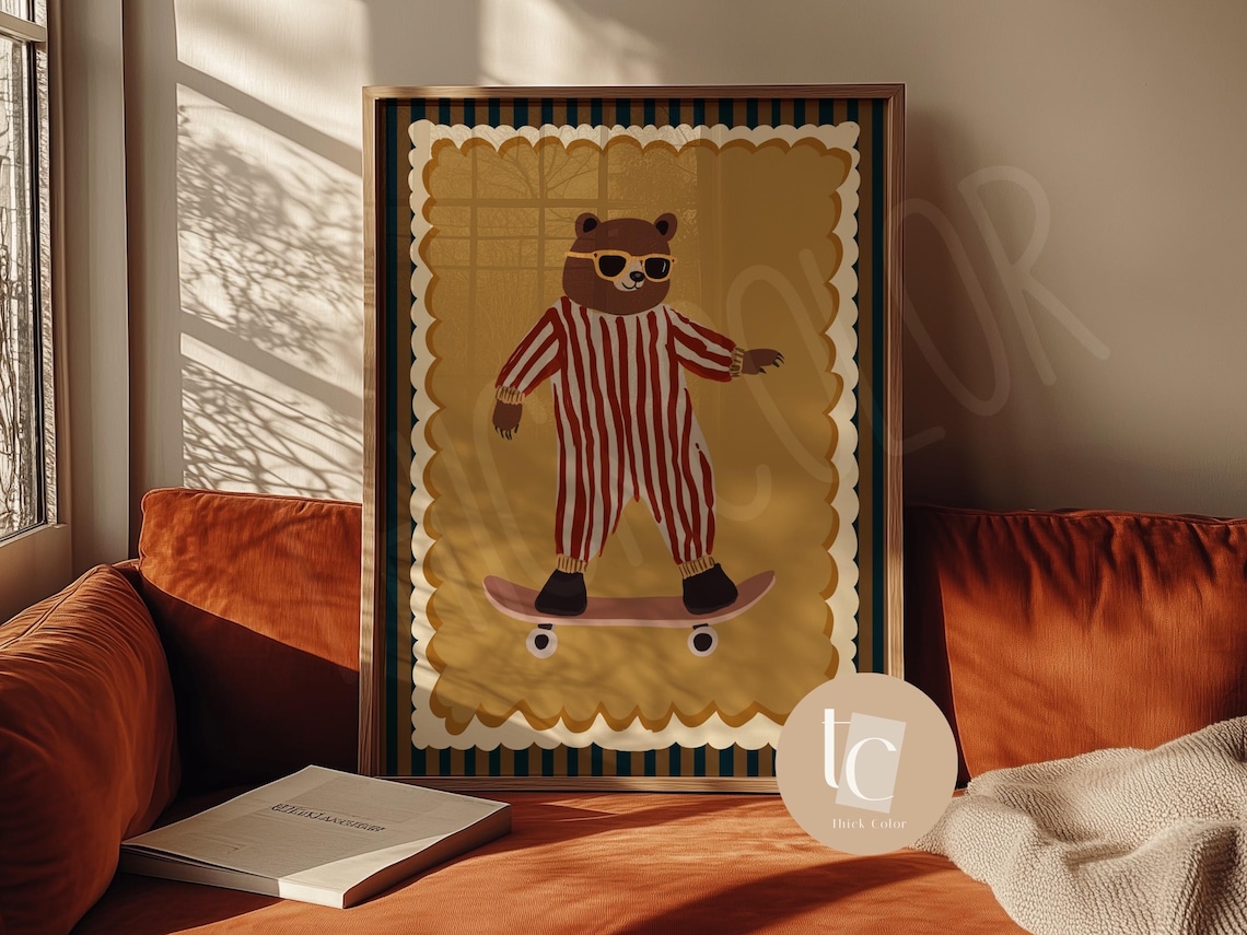 Cool Bear Skateboarding With Baby Diaper Retro Art Print