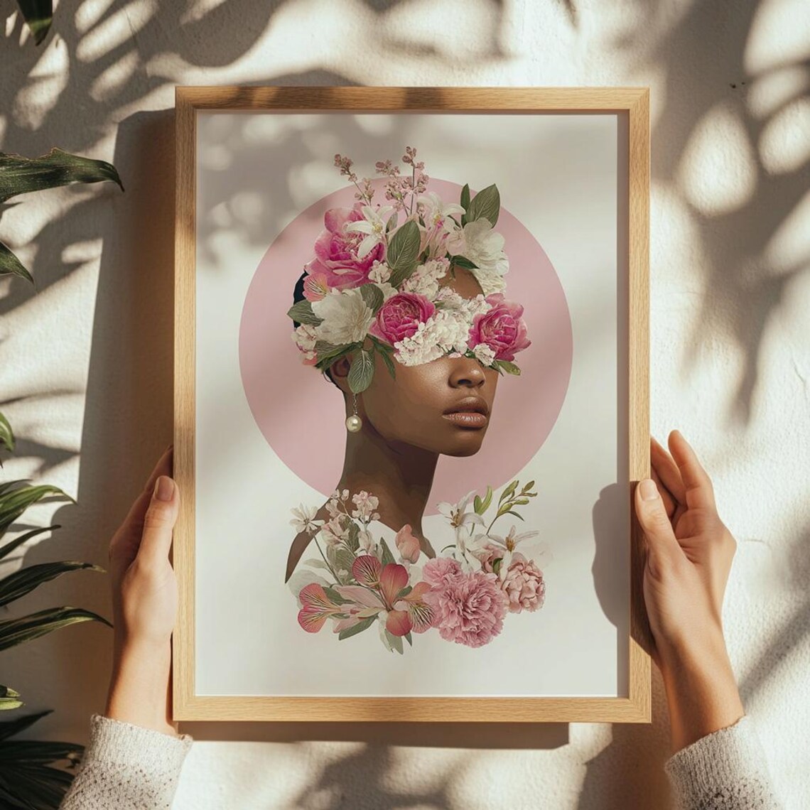 Woman With Flowers Covering Eyes Modern Floral Portrait Poster
