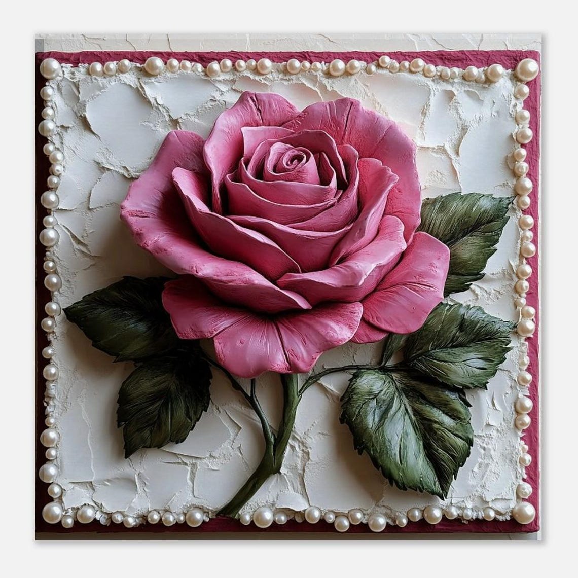 Pink Rose 3D Textured Sculptural Floral With Pearls Art Print - Image 2