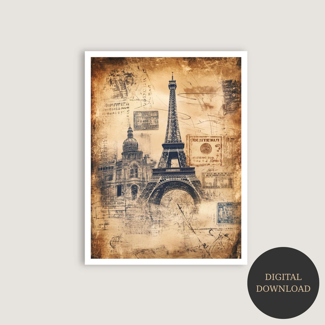Paris Eiffel Tower Vintage Sepia Travel Collage Grunge Art Poster