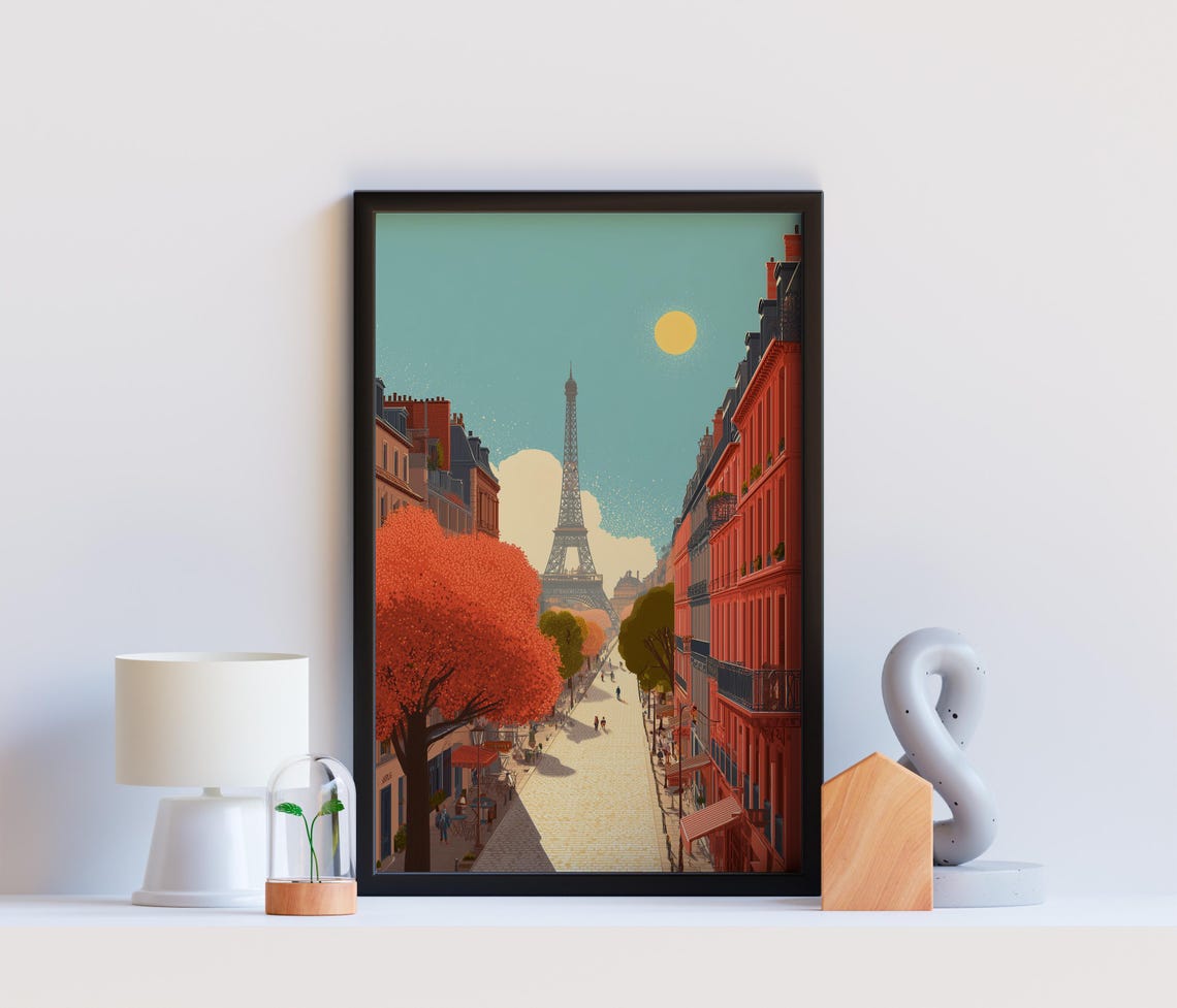 Paris Eiffel Tower Autumn Tree Lined Street French Travel Poster