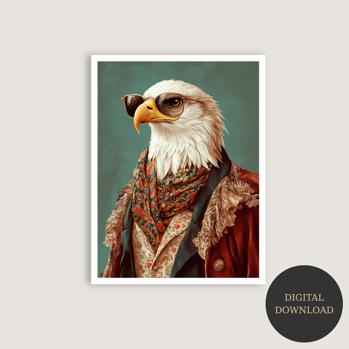 Cool Eagle in Sunglasses Floral Scarf Stylish Animal Portrait Poster