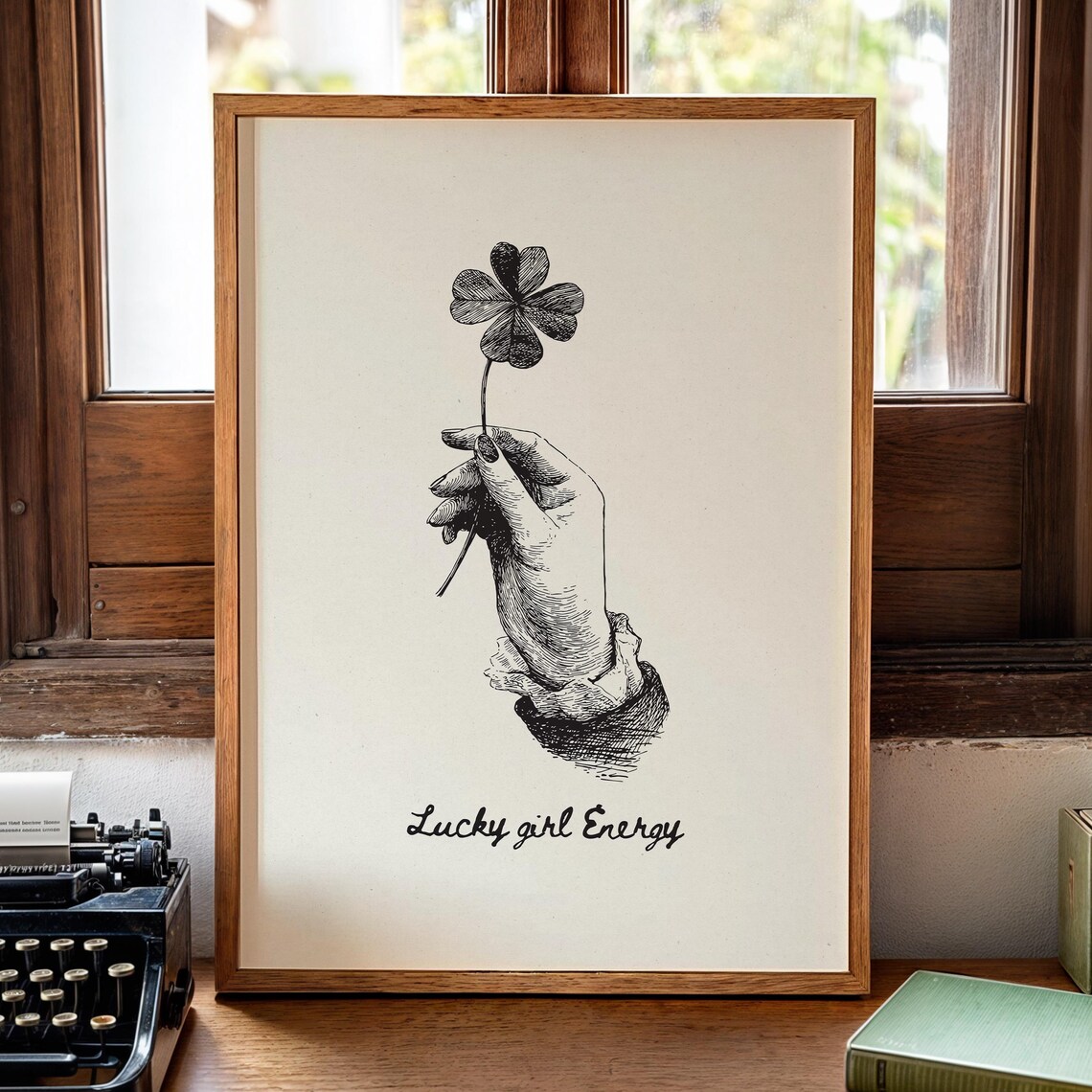 Lucky Girl Energy Print, Vintage Four Leaf Clover