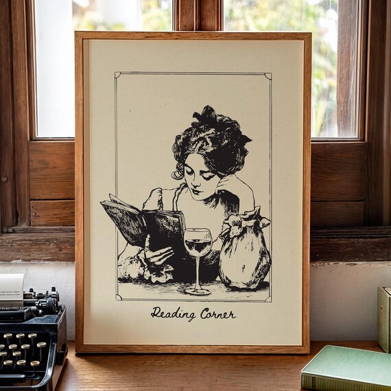 Reading Corner Vintage Woman Reading Book With Wine Line Art Poster