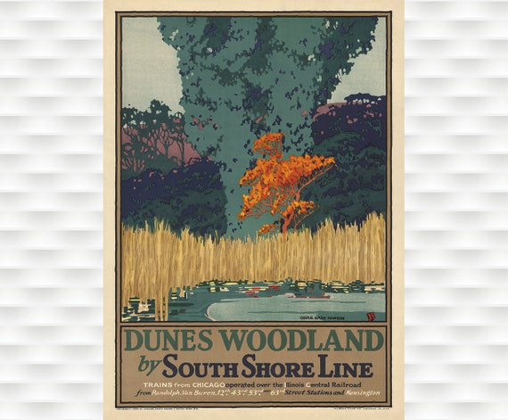 Dunes Woodland Vintage Travel Poster Illinois Central