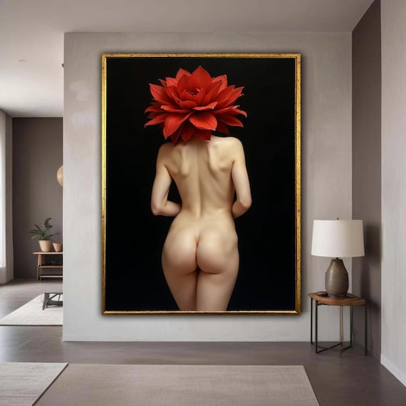 Surreal Nude Back Red Blossom Head Porcelain Skin Dark Art Poster