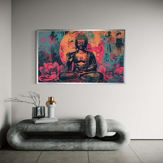 Modern Buddha Pop Art Canvas Spiritual Print Vibrant Street Style Decor Graphic Meditation Gift Pink Blue Orange Colors