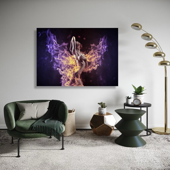 Fiery Phoenix Woman Canvas Abstract Flame Art Surreal Nude Figure Fantasy Wall Decor Colorful Fire Wings Modern Gift Home