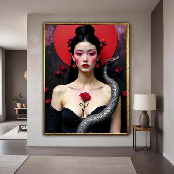 Elegant Geisha Woman With Red Floral Accents And Dragon Sculpture Asian Inspired Canvas Wall Art Modern Portrait Gift Home Decor