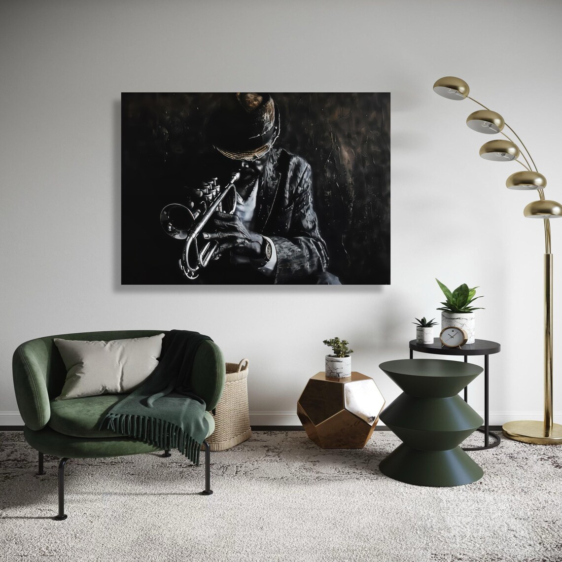 Moody Black And White Jazz Trumpet Player Dramatic Music Wall Art