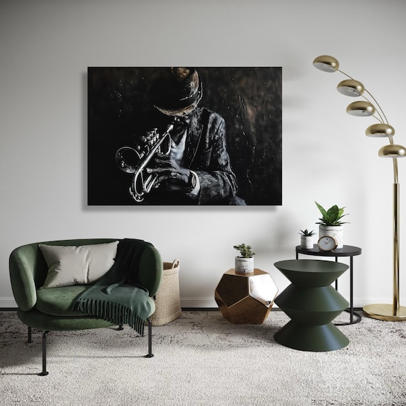 Moody Black And White Jazz Trumpet Player Dramatic Music Wall Art