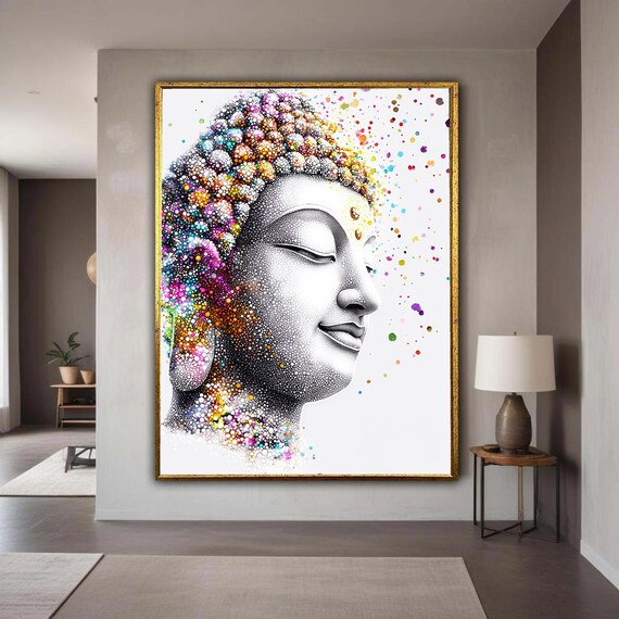 Colorful Buddha Face Canvas Spiritual Wall Art Meditation Decor Abstract Portrait Vibrant Peaceful Gift Home