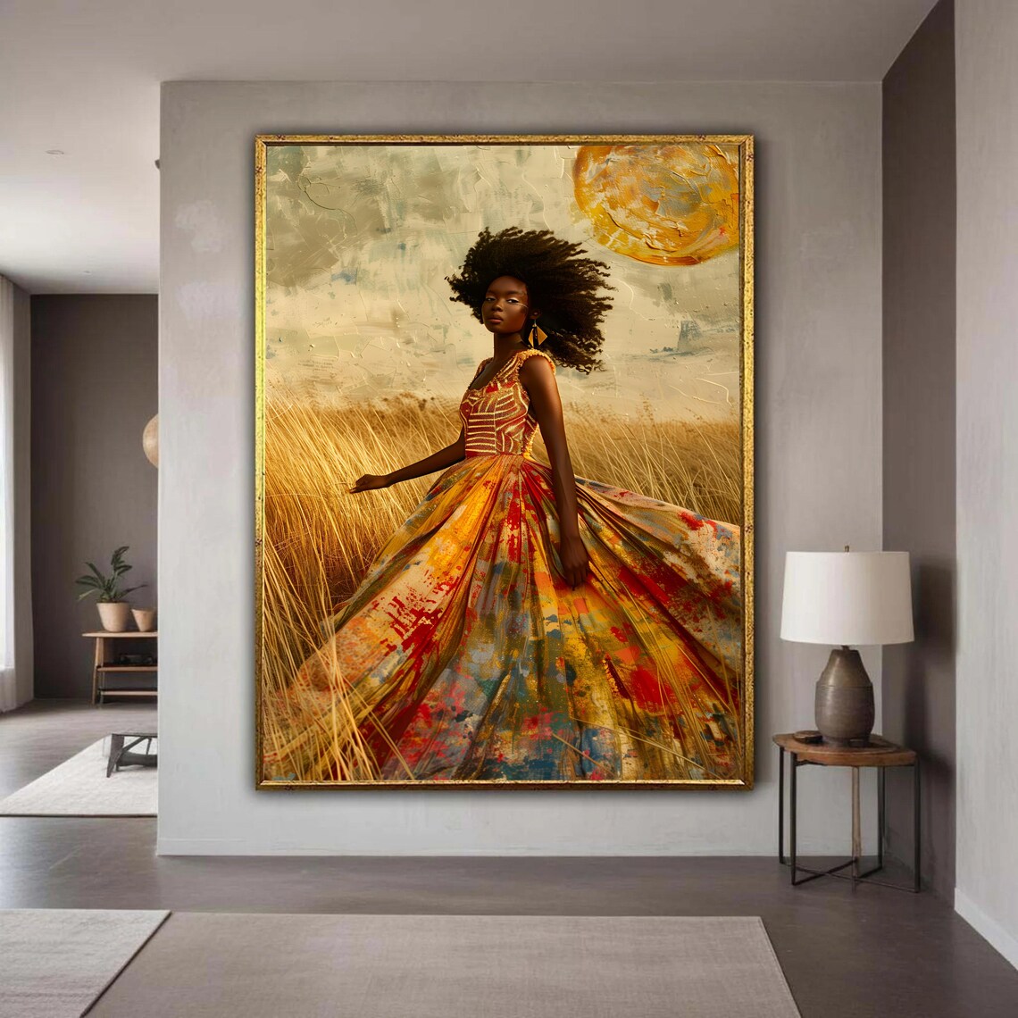 African Woman In Colorful Flowing Gown Golden Wheat Field Poster