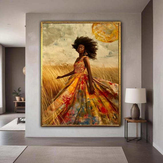 African Woman Colorful Gown Canvas Print Afro Beauty Art Ethereal Field Portrait Painterly Style Fashion Wall Decor Empowering Gift
