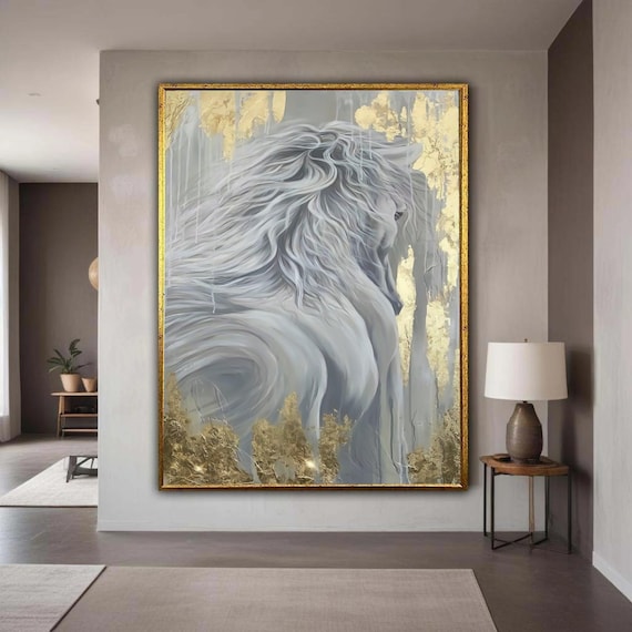 Majestic White Horse Canvas Abstract Equestrian Wall Art Flowing Mane Painting Gold Accent Home Decor Ready To Hang Gift