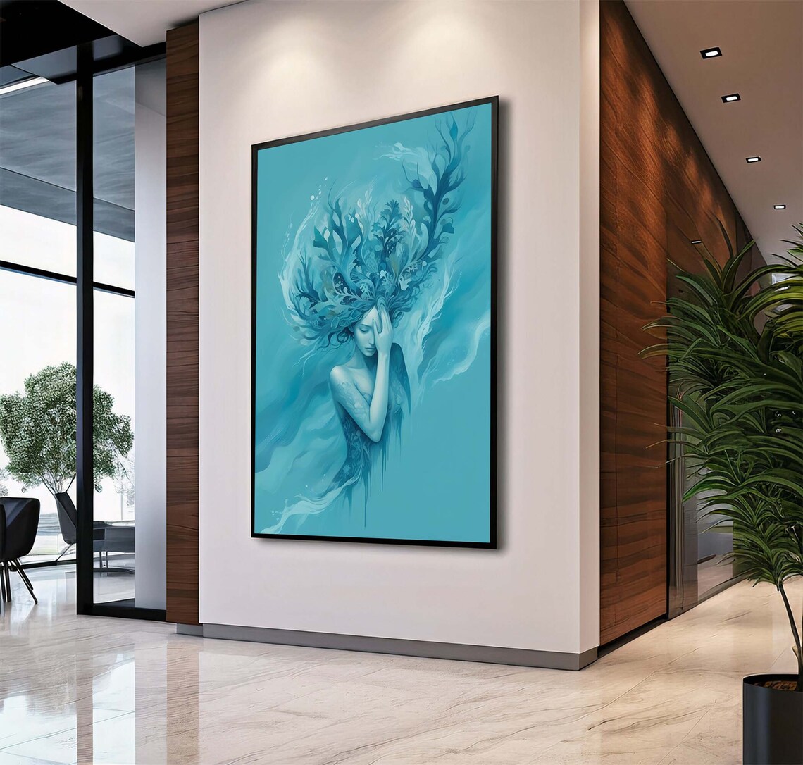Blue Water Woman Flowing Hair Abstract Underwater Art Poster