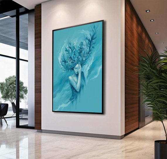 Abstract Womans Face Canvas Water Woman Art Contemporary Portrait Modern Wall Decor Framed Ready To Hang