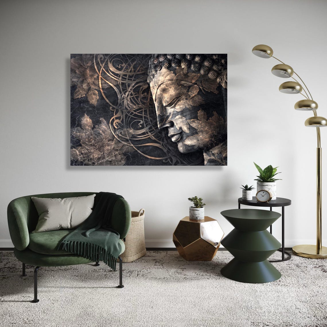 Serene Buddha Face Canvas Wall Art Abstract Floral Overlay Tranquil Meditation Decor Spiritual Zen Print Ready Gift Home