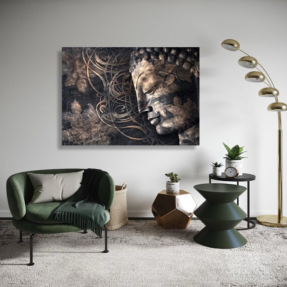 Serene Buddha Face Canvas Wall Art Abstract Floral Overlay Tranquil Meditation Decor Spiritual Zen Print Ready Gift Home