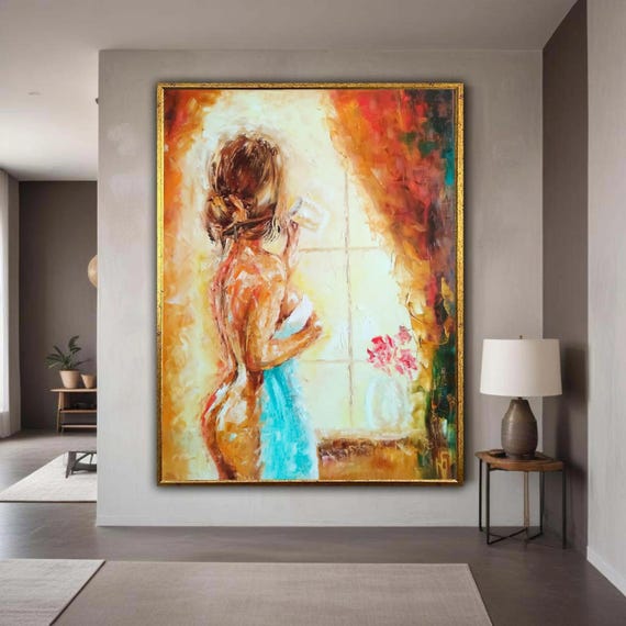 Elegant Woman With Towel And Coffee Abstract Figure Canvas Art Warm Color Palette Modern Impressionist Wall Decor Gift Home