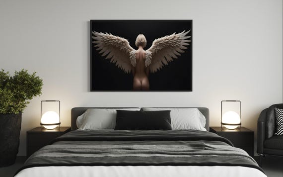 Ethereal Nude Angel Wings Canvas Serene Female Back Pose With Majestic Feathers Monochrome Spiritual Wall Art Print