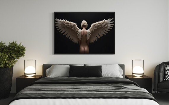 Nude Angel Wings Woman Ethereal Serene Back View Dark Art Poster