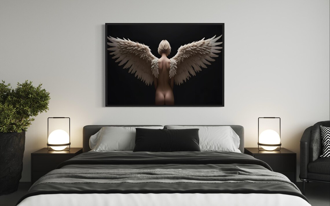Nude Angel Wings Woman Ethereal Serene Back View Dark Art Poster