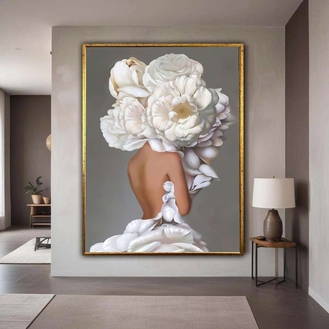 Woman with Giant White Peonies Dreamy Floral Portrait Poster