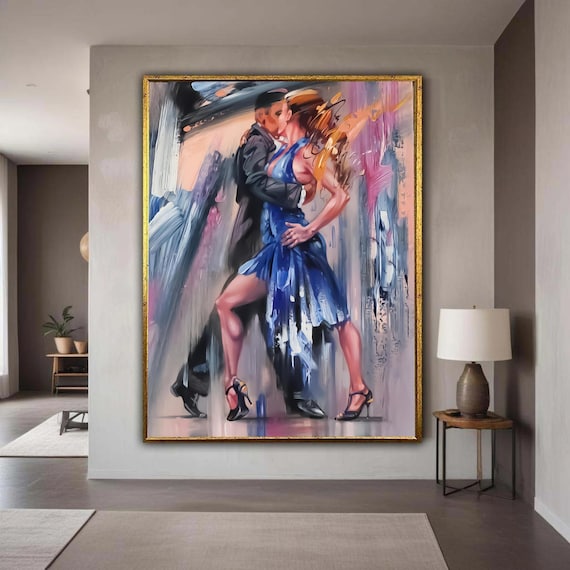 Passionate Tango Dance Canvas Romantic Couple Wall Art Blue Dress Ballroom Painting Abstract Scene Modern Gift Home Decor