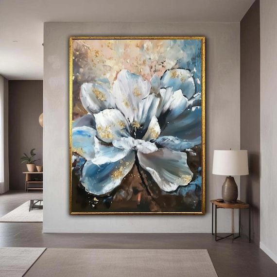 Abstract White Blue Flower Canvas Petal Wall Art Modern Floral Decoration Elegant Home Decor Painting Gift