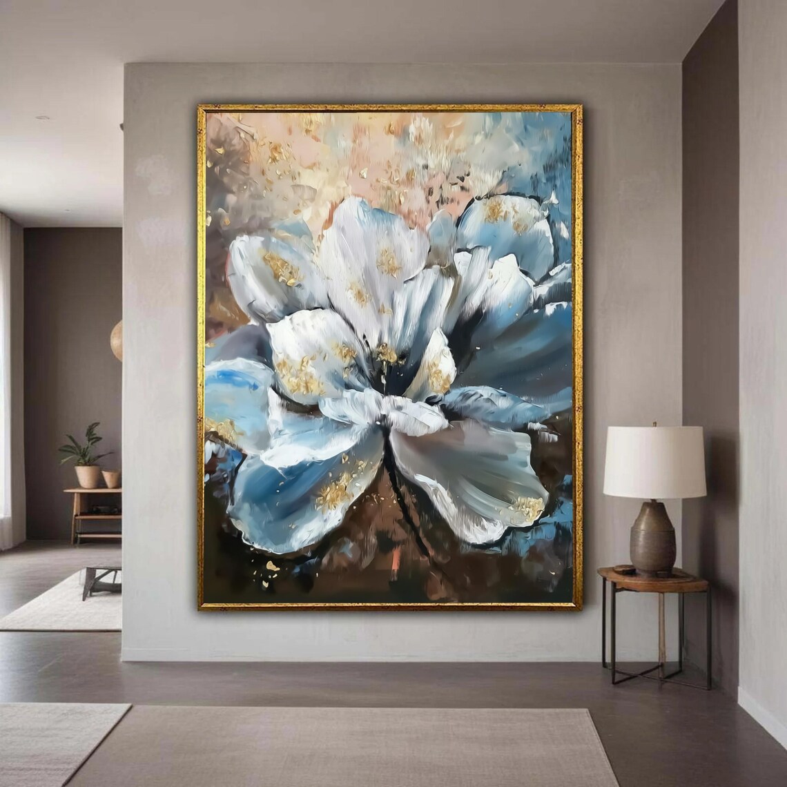 Abstract White Blue Flower Gold Splatter Modern Botanical Canvas Poster
