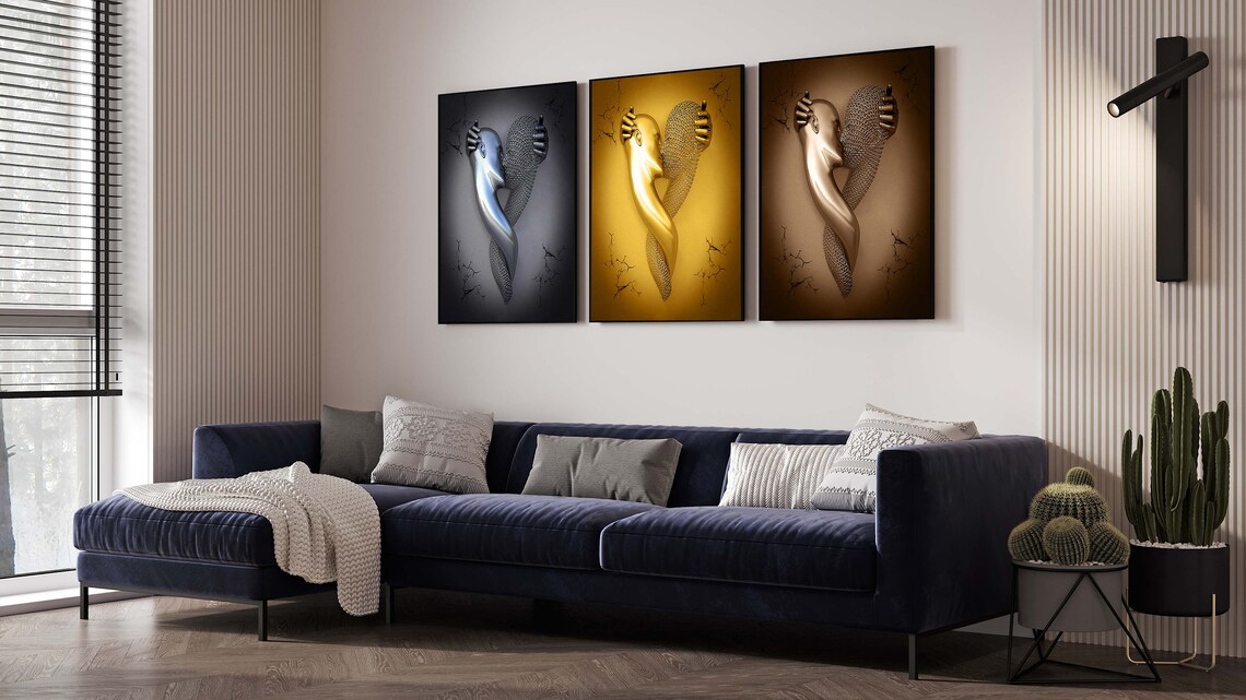 Kissing Couple Heart Embrace Gold Silver Bronze Romantic Trio Poster