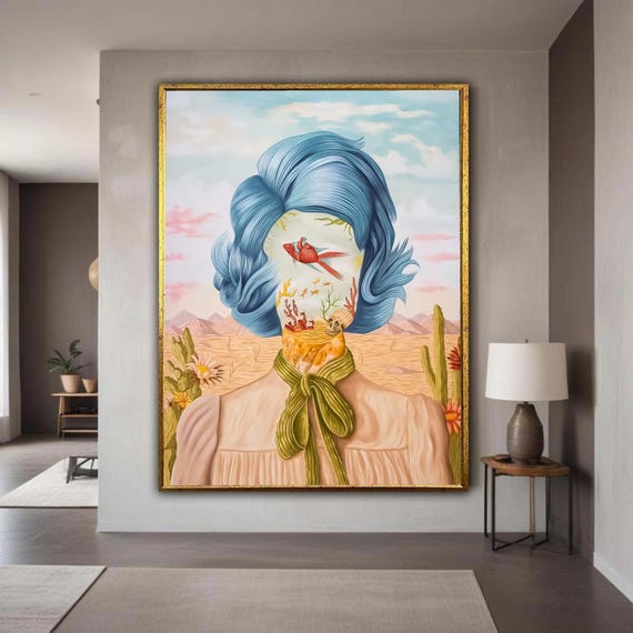 Surreal Faceless Woman Canvas Blue Hair Portrait Desert Landscape Wall Art Abstract Print Mystical Home Gift Decor