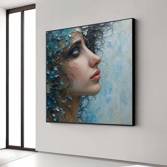 Enigmatic Woman Profile Mixed Media Blue Cracked Face Art Poster