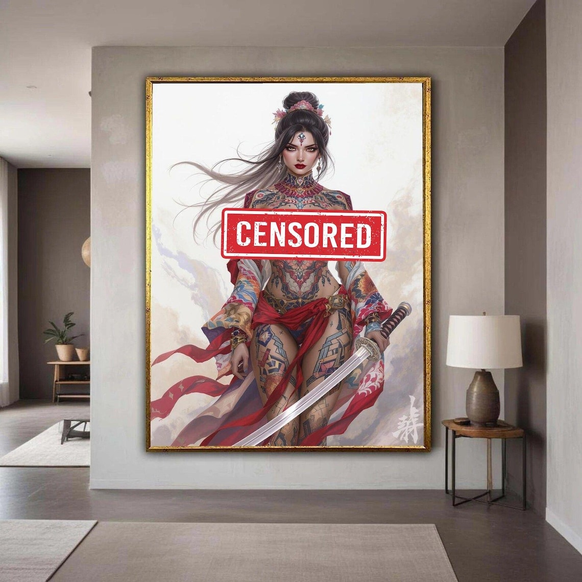 Tattooed Japanese Warrior Woman Katana Sword Fantasy Canvas Art Poster