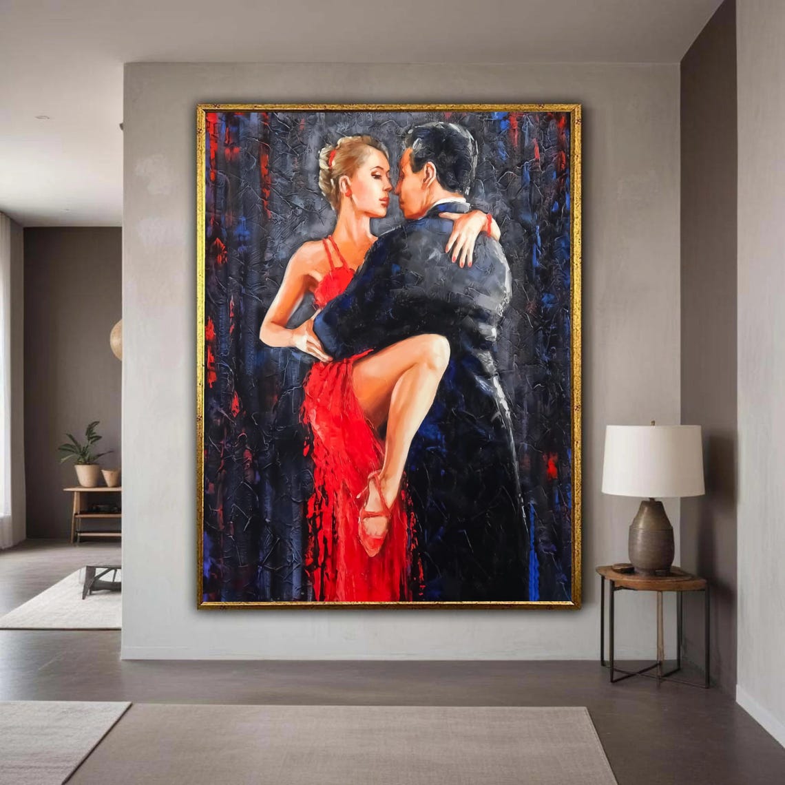 Tango Dance Embrace Red Dress Couple Dramatic Oil Painting Poster