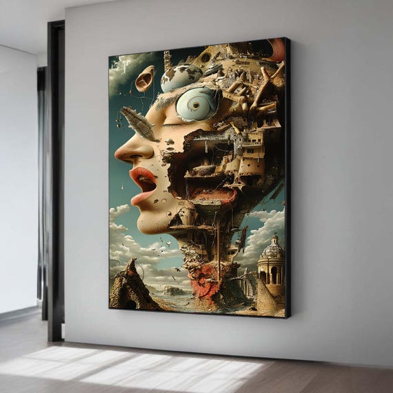 Surreal City Art Dali Inspired Woman Face Print Morski Style Canvas Architectural Detail Unique Statement Fantasy Decor
