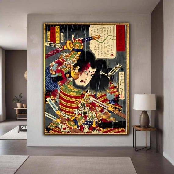 Fierce Samurai Warrior Canvas Wall Art Traditional Japanese Armor Illustration Historical Print Asian Culture Gift Home Decor