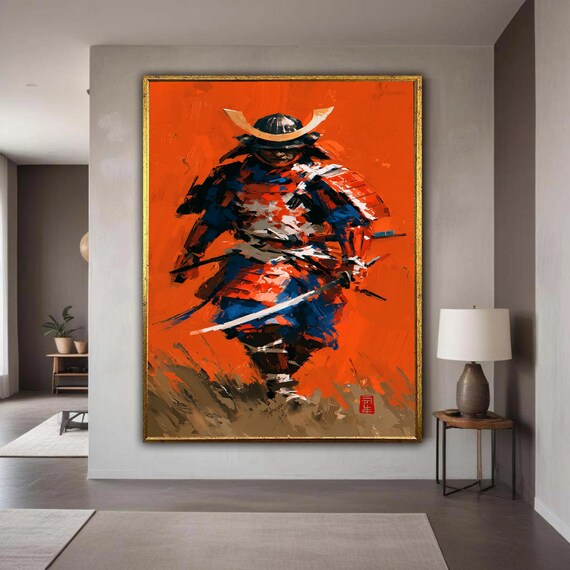 Bold Samurai Warrior Canvas Art Red Armor Painting Japanese Wall Decor Abstract Oriental Feudal Gift Home