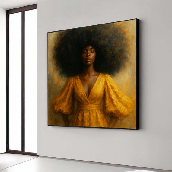 Elegant Woman In Yellow Dress Canvas Wall Art Afro Hair Portrait Painting Modern Feminine Home Decor Oil Style Gift
