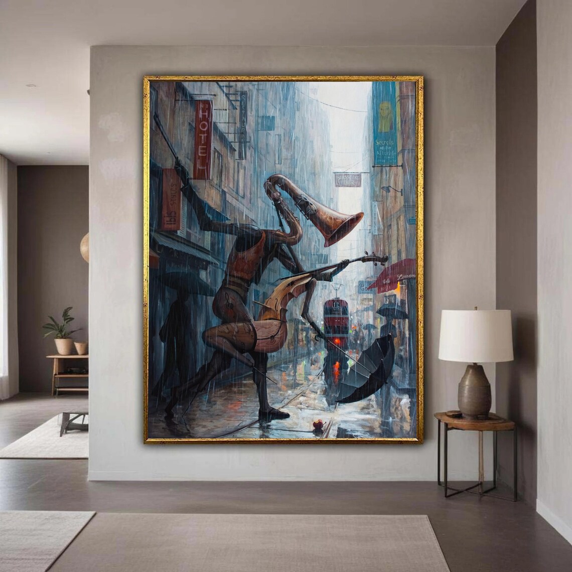 Surreal Rainy Cityscape With Musical Instruments