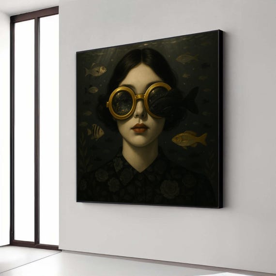 Surreal Underwater Portrait Vintage Style Canvas Wall Art Woman With Gold Goggles And Fish Dark Artistic Home Gift Decor