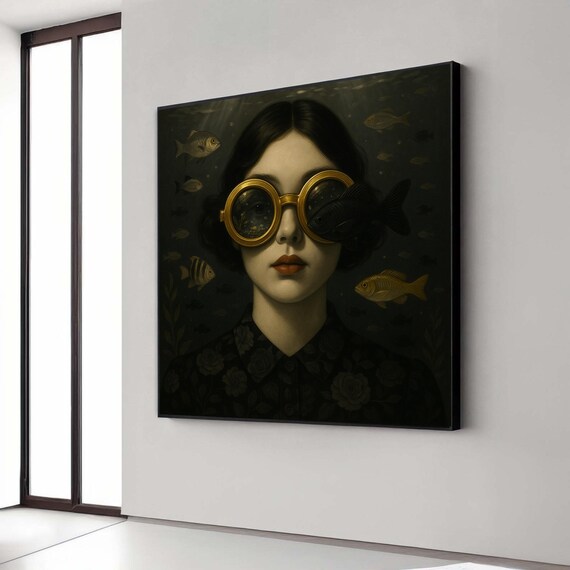 Surreal Vintage Woman With Gold Goggles And Fish Dark Portrait Print
